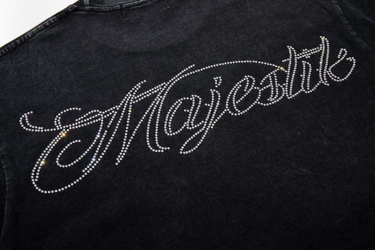 MAJESTIK Washed Black Rhinestone Graphic T-Shirt — detail